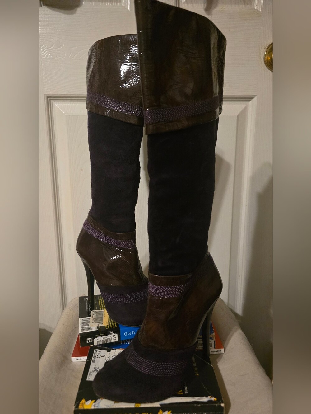 ALDO Purple Suede Brown Patent Tall Stiletto Boots Pointed Toe 6